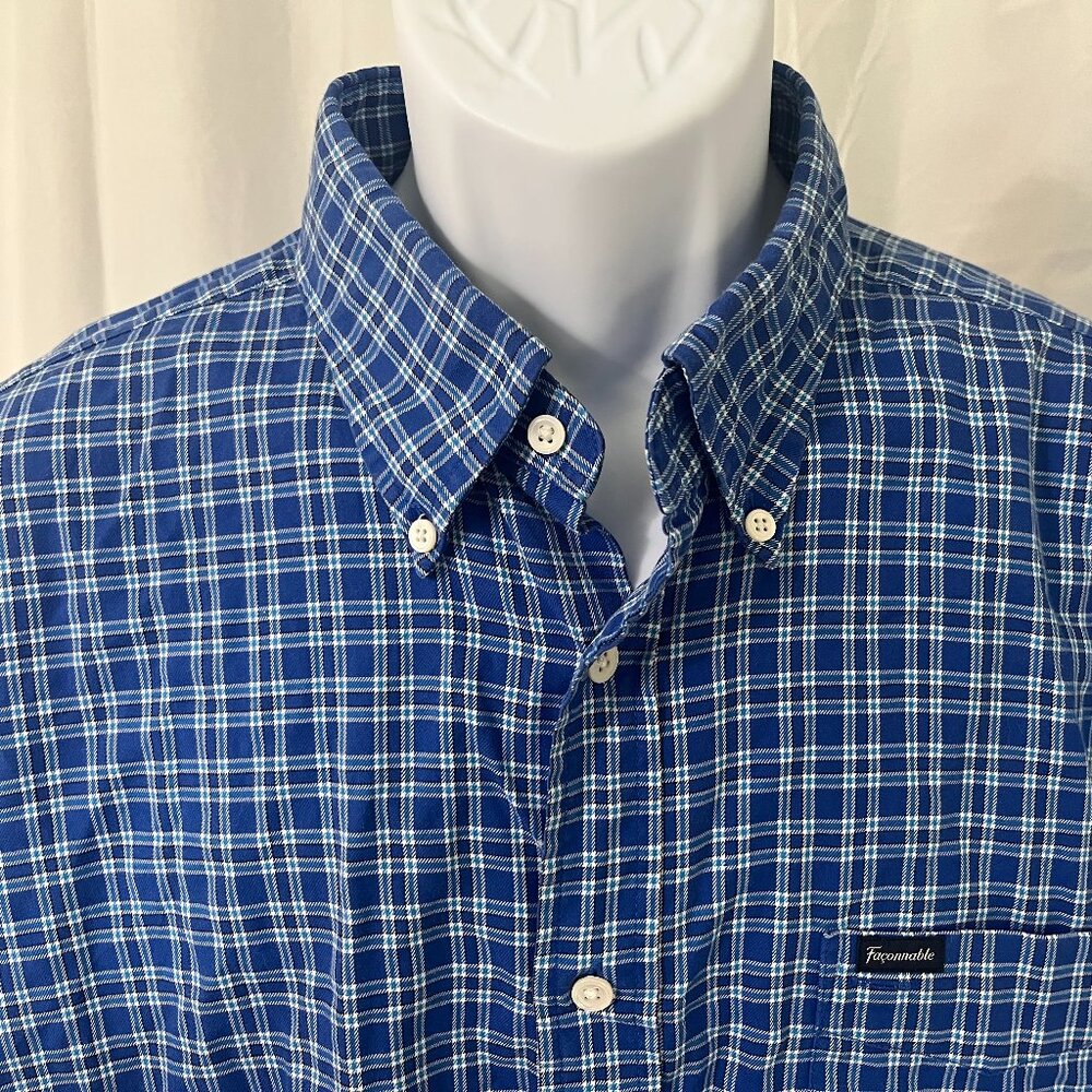 🔹 Faconnable Club Men’s XL Blue White Plaid Long Sleeve Shirt EUC 👔